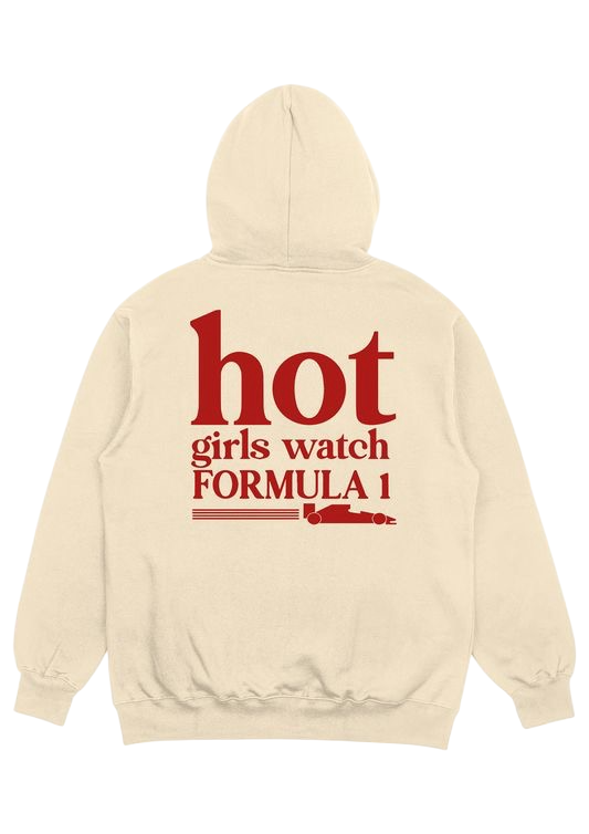 Formula One Hoodie – Beige with Red Back Print
