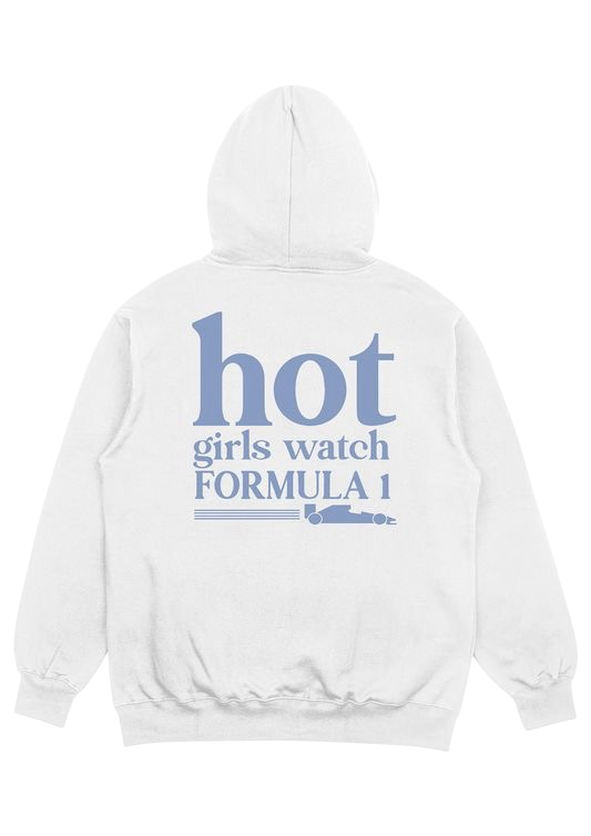 Formula One Hoodie – White with Blue Back Print